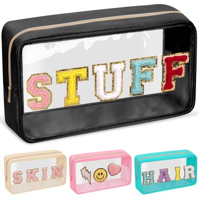 Chenille Letter Clear Makeup Bags Stuff Pouch, Preppy Patch Makeup Bag with Zipper, Transparent PVC & Nylon Waterproof Portable Glitter Cosmetic Bag Travel Toiletry Storage for Women Girl(STUFF-Black)