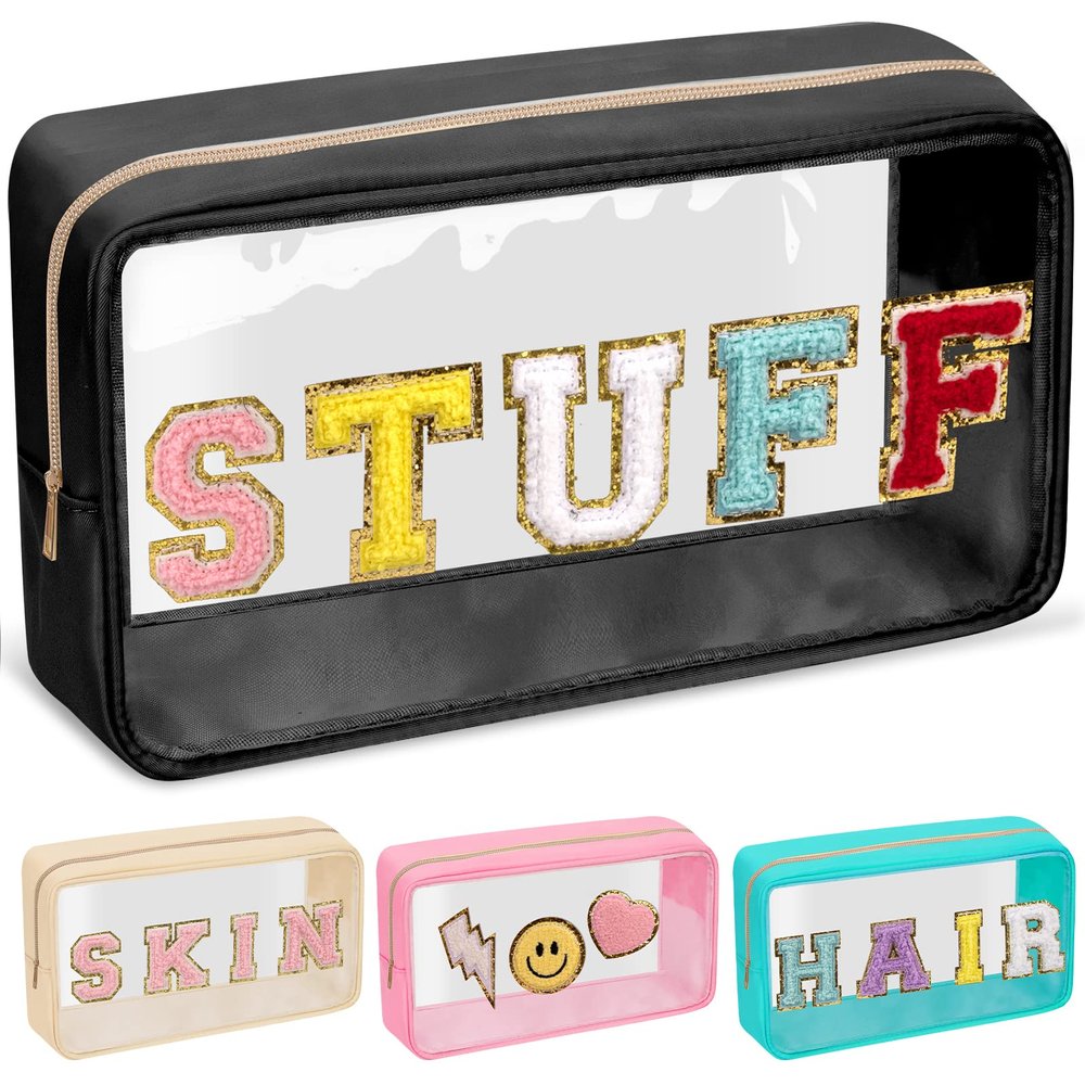 Chenille Letter Clear Makeup Bags Stuff Pouch, Preppy Patch Makeup Bag with Zipper, Transparent PVC & Nylon Waterproof Portable Glitter Cosmetic Bag Travel Toiletry Storage for Women Girl(STUFF-Black)