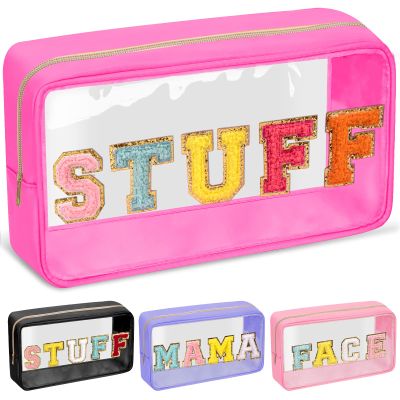 Chenille Letter Clear Makeup Bags Stuff Pouch, Preppy Patch Makeup Bag with Zipper, Transparent PVC & Nylon Waterproof Portable Glitter Cosmetic Bag Travel Toiletry Storage for Women Girl(STUFF-Rose)