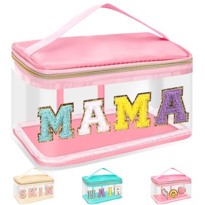Chenille Letter Clear Makeup Bags Mama Pouch, Preppy Patch Makeup Bag Zipper with Handle, Transparent PVC & Nylon Waterproof Glitter Cosmetic Handbag Travel Toiletry Storage for Women Girl(MAMA-Pink)