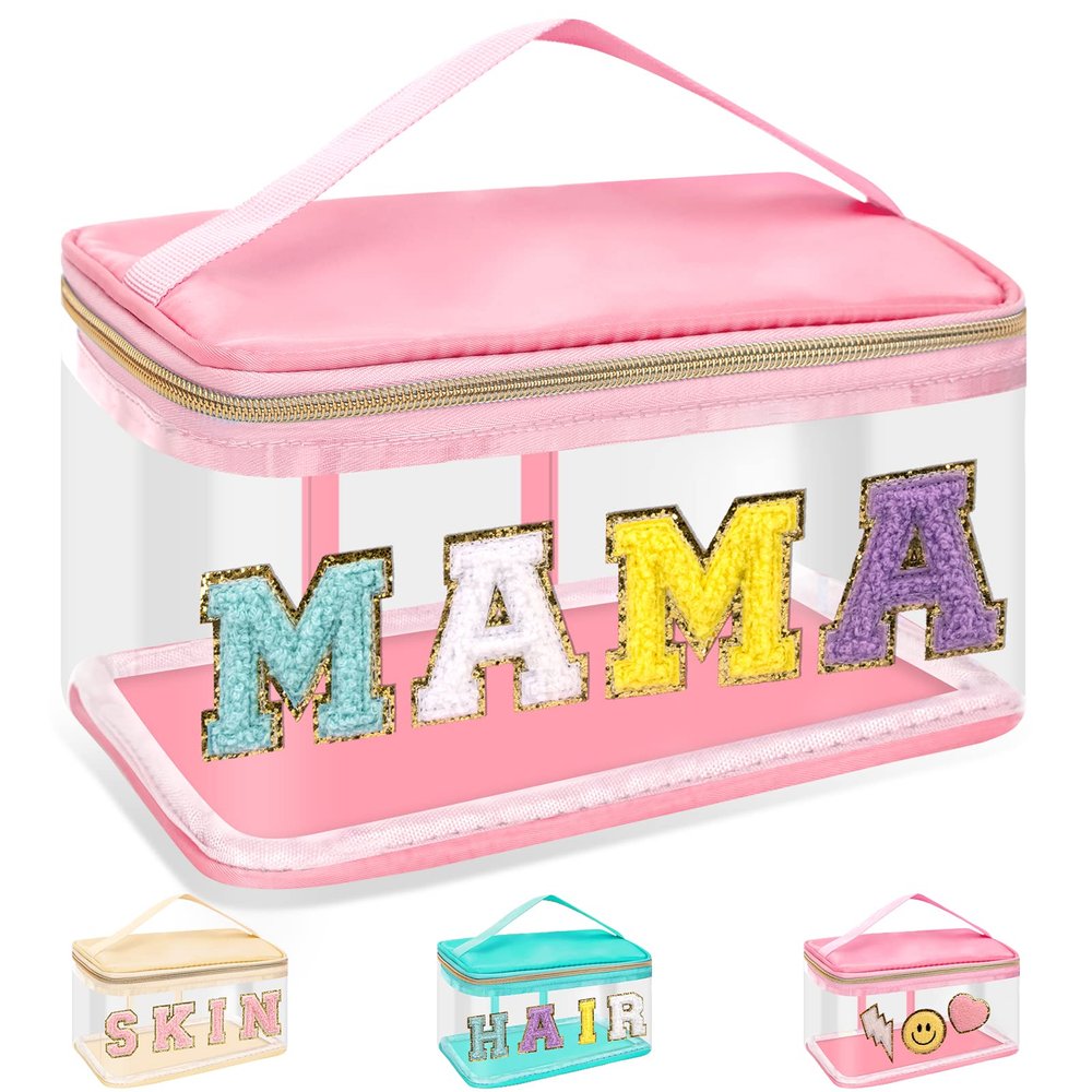 Chenille Letter Clear Makeup Bags Mama Pouch, Preppy Patch Makeup Bag Zipper with Handle, Transparent PVC & Nylon Waterproof Glitter Cosmetic Handbag Travel Toiletry Storage for Women Girl(MAMA-Pink)