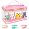 Chenille Letter Clear Makeup Bags Mama Pouch, Preppy Patch Makeup Bag Zipper with Handle, Transparent PVC & Nylon Waterproof Glitter Cosmetic Handbag Travel Toiletry Storage for Women Girl(MAMA-Pink) view 1