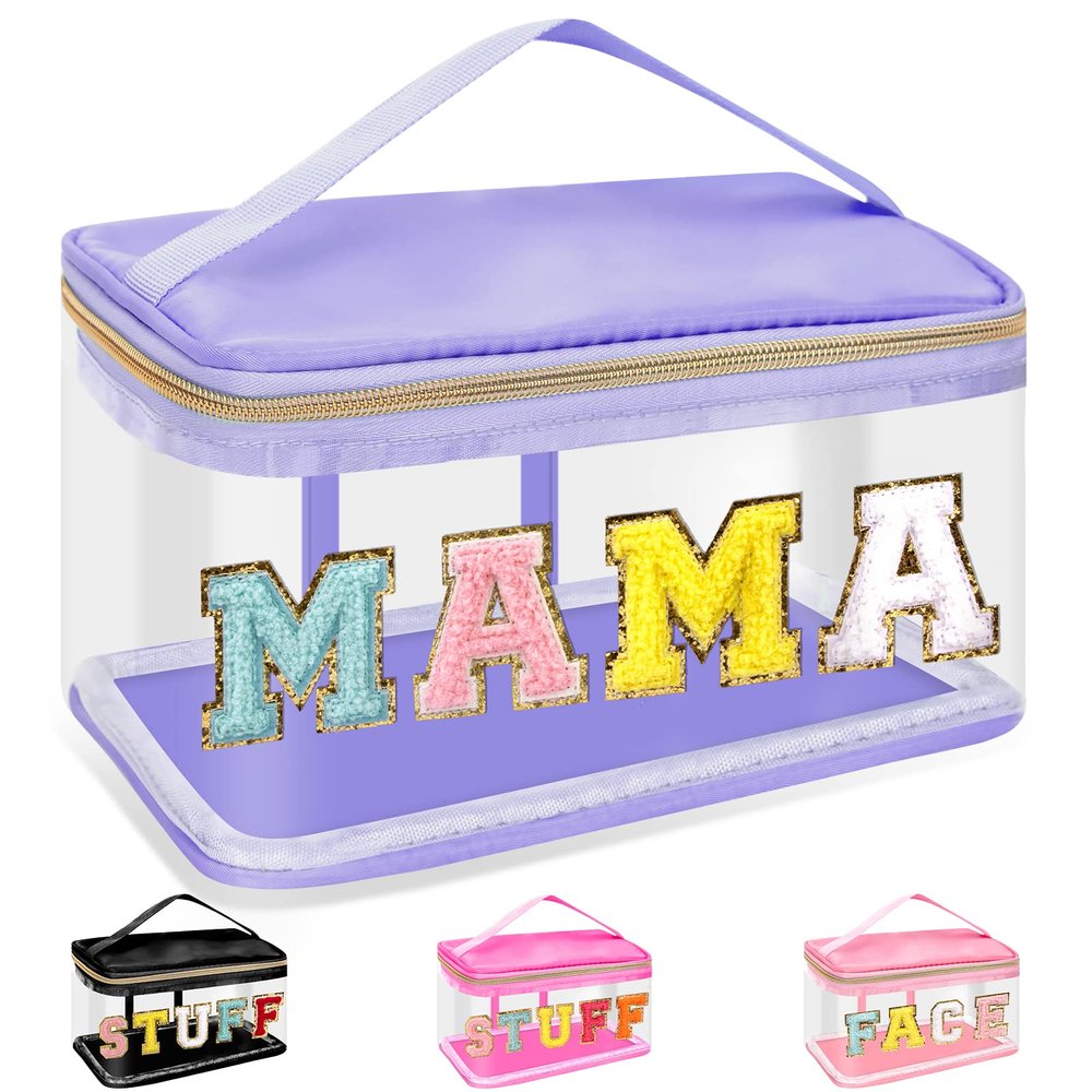 Chenille Letter Clear Makeup Bags Mama Pouch, Preppy Patch Makeup Bag Zipper with Handle, Transparent PVC & Nylon Waterproof Glitter Cosmetic Handbag Travel Toiletry Storage for Women(MAMA-Purple)