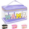 Chenille Letter Clear Makeup Bags Mama Pouch, Preppy Patch Makeup Bag Zipper with Handle, Transparent PVC & Nylon Waterproof Glitter Cosmetic Handbag Travel Toiletry Storage for Women(MAMA-Purple) view 1