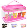 Chenille Letter Clear Makeup Bags Stuff Pouch, Preppy Patch Makeup Bag Zipper with Handle, Transparent PVC & Nylon Waterproof Glitter Cosmetic Handbag Travel Toiletry Storage for Women(STUFF-Rose) view 1