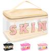 Chenille Letter Clear Makeup Bags Skin Pouch, Preppy Patch Makeup Bag Zipper with Handle, Transparent PVC & Nylon Waterproof Glitter Cosmetic Handbag Travel Toiletry Storage for Women Girl(SKIN-Beige) view 1