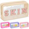 Chenille Letter Clear Makeup Bags Skin Pouch, Preppy Patch Makeup Bag with Zipper, Transparent PVC & Nylon Waterproof Portable Glitter Cosmetic Bag Travel Toiletry Storage for Women Girl(SKIN-Beige) view 1