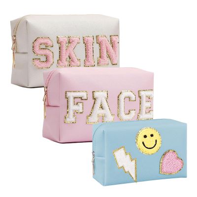 GEMLORD 3 Pieces Preppy Patch Makeup Bag, Small Chenille Letter Cosmetic Bag, PU Leather Waterproof Zipper Skin Care Toiletry Bags for Teen Girls, Portable Preppy Gift for Women(White, Blue, Pink)