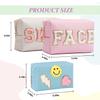GEMLORD 3 Pieces Preppy Patch Makeup Bag, Small Chenille Letter Cosmetic Bag, PU Leather Waterproof Zipper Skin Care Toiletry Bags for Teen Girls, Portable Preppy Gift for Women(White, Blue, Pink) view 2