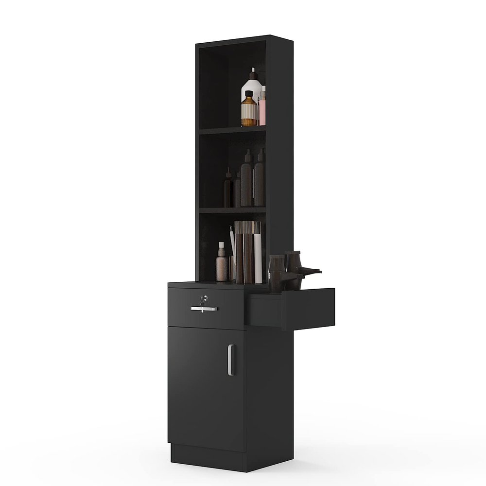 Paddie Hair Salon Stations, Lockable Barber Stations Wall Mount Salon Equipment for Hair Stylist with 1 Lockable Drawer, 3 Holders & 1 Storage Cabinet (with Holders, Black)