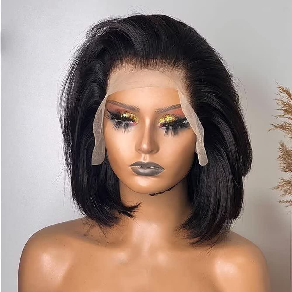 13x4 HD Invisible Lace Front Wigs Human Hair Pre Plucked For Black Women 180% Density Short Bob Cut Wig Natural Color Brazilian Remy Hair Bleached Knots Natural Hairline 16Inch