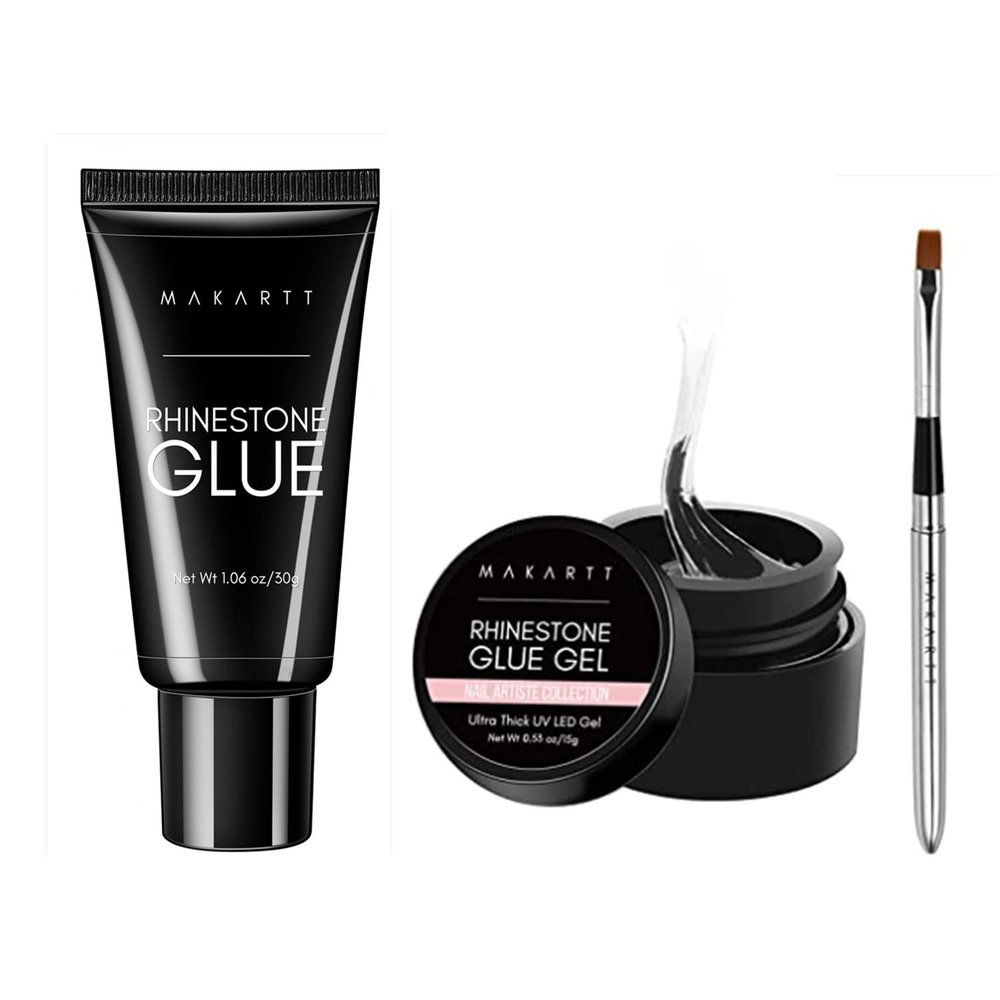 Makartt Nail Rhinestone Glue Gel with Brush Pen Set Bundle, Super Strong Gem Glue Gel 1.06oz Nail Lamp Needed for Nail Glitter Jewels Crystals, 15ml Clear Nail Gem Glue Gel Wipe-Off Super Strong