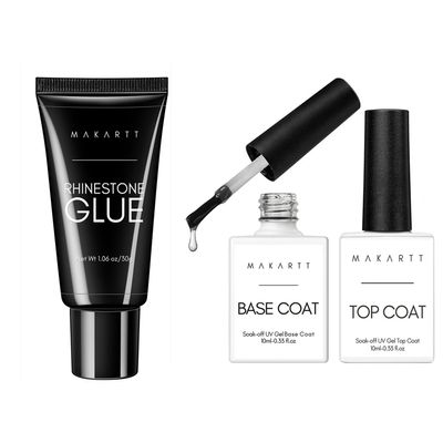 Makartt Gel Top Coat Base Coat Kit with Nail Rhinestone Glue Gel Bundle, Soak off UV LED Gel Base and Top Coat, Super Strong Gem Glue Gel 1.06oz Nail Lamp Needed for Nail Glitter Jewels Crystals