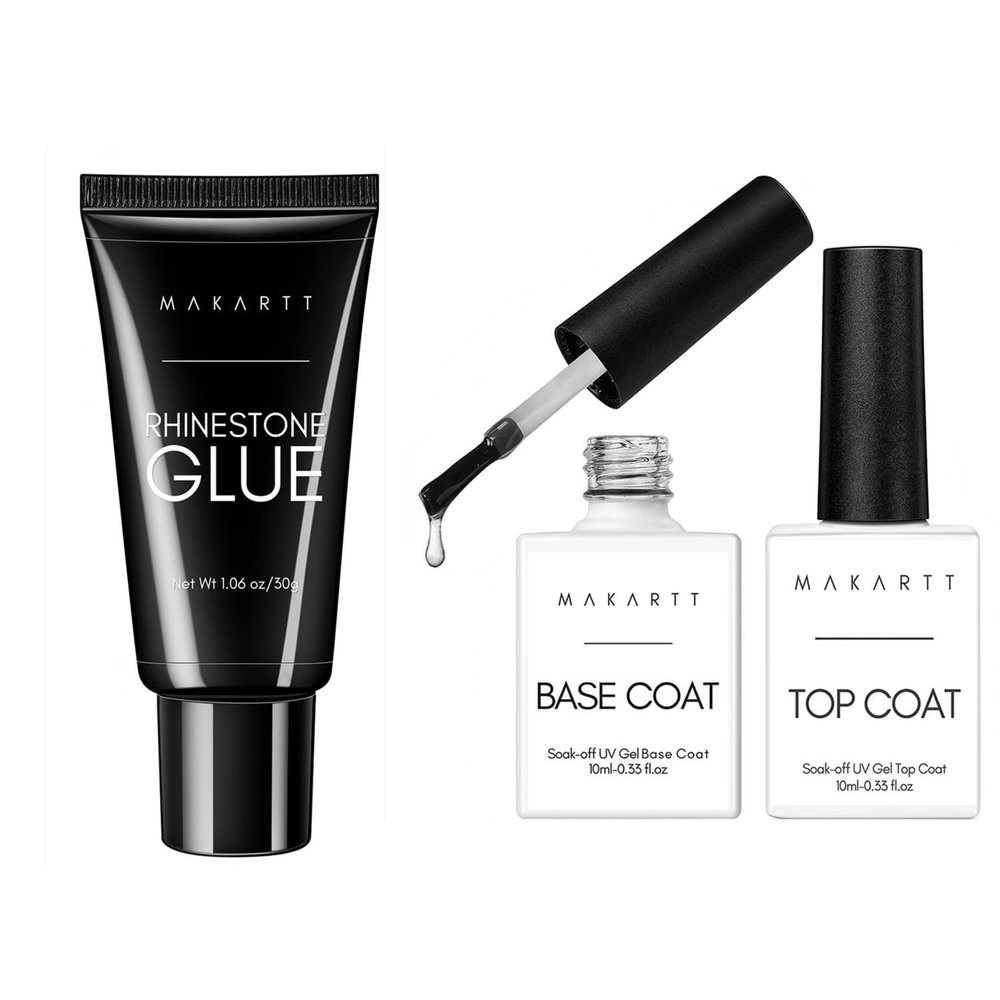 Makartt Gel Top Coat Base Coat Kit with Nail Rhinestone Glue Gel Bundle, Soak off UV LED Gel Base and Top Coat, Super Strong Gem Glue Gel 1.06oz Nail Lamp Needed for Nail Glitter Jewels Crystals