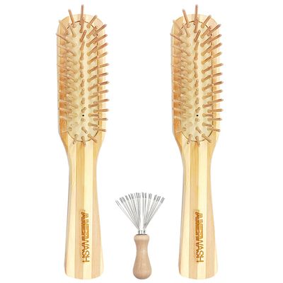 Bamboo Hair Brush with Cleaner Tool For Women Men, Bamboo Bristle Wooden Paddle Detangling Brush Helps Hair Growth, Enhance Shine & Health, Massaging Scalp - 2 Pack