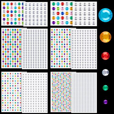 1982 Pcs of Rhinestone Stickers 3/4/5/6/8/10mm Clear+Colorful Self Adhesive Face Gems, Stick on Body Crystal Jewels with Quick Dry Makeup Glue For Face Eye Hair Nails Make up and Craft DIY Decorations