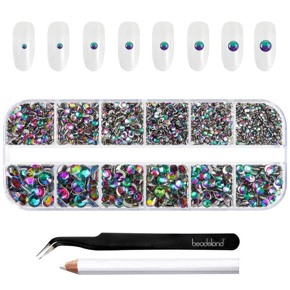 Beadsland Rhinestones for Makeup,8 Sizes 2500pcs Green Flatback Rhinestones Face Gems for Nails Crafts with Tweezers and Wax Pencil,Green Volcano,SS4-SS30