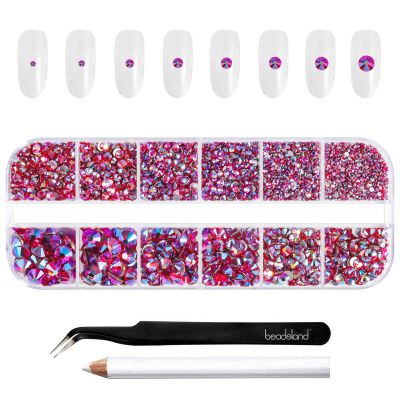 Beadsland Rhinestones for Makeup,8 Sizes 2500pcs Light Red AB Flatback Rhinestones Face Gems for Nails Crafts with Tweezers and Wax Pencil,Light Siam AB,SS4-SS30