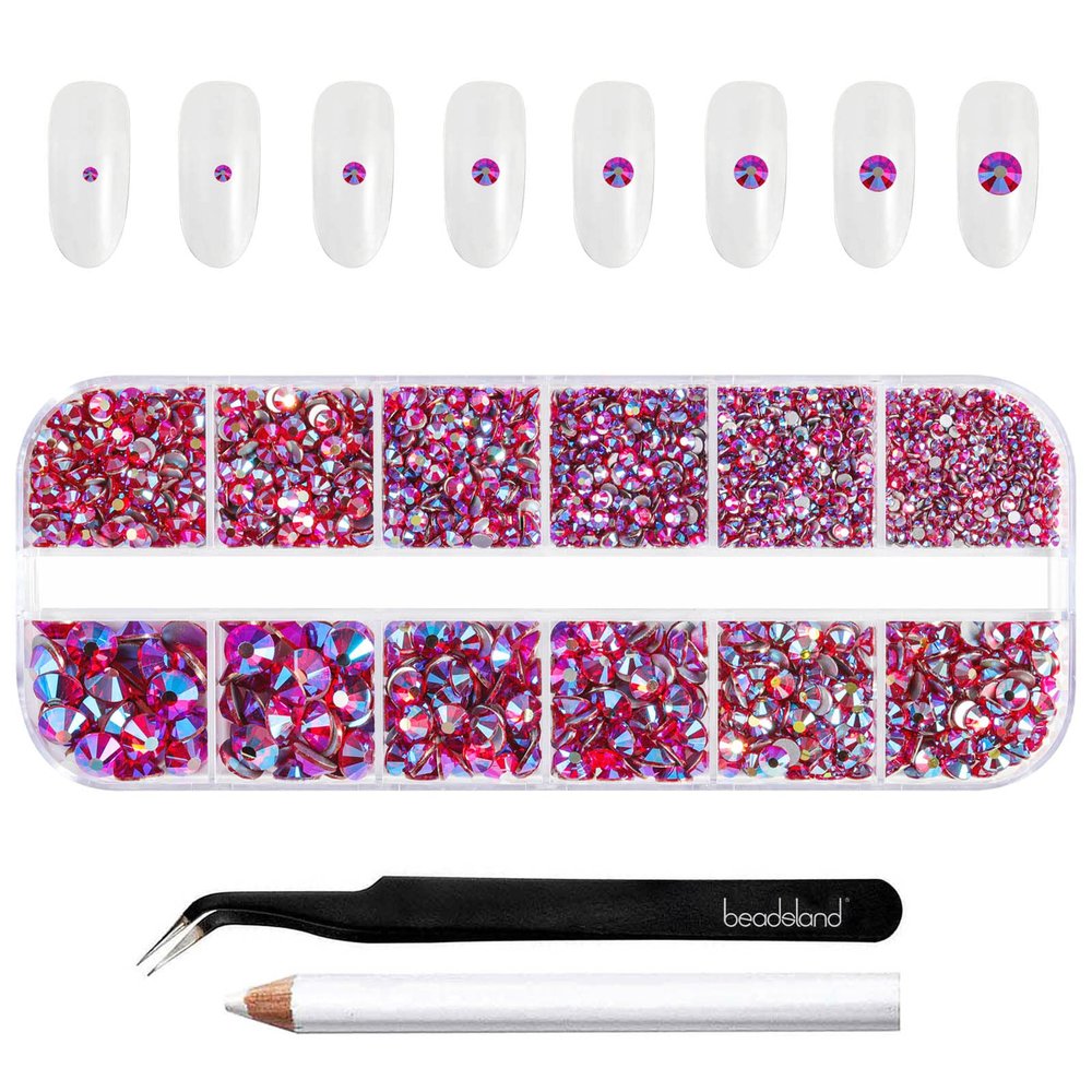 Beadsland Rhinestones for Makeup,8 Sizes 2500pcs Light Red AB Flatback Rhinestones Face Gems for Nails Crafts with Tweezers and Wax Pencil,Light Siam AB,SS4-SS30