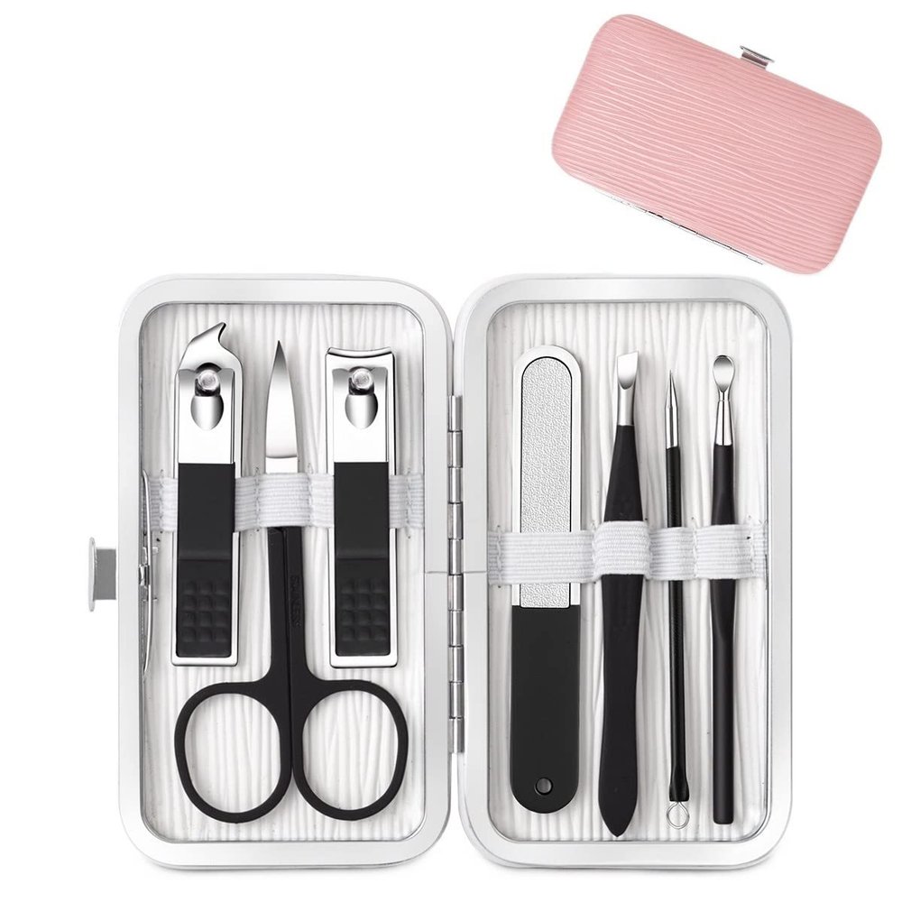 ADAARA Multifunction Nail Clipper Set Pedicure Cutter Nail File Scissors Kit with Travel Case Stainless Steel Blue Manicure Set Tools (Color : 7pcs-Pink)