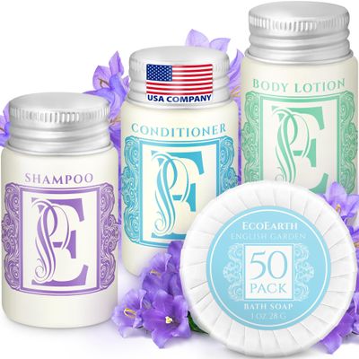 Luxury Travel and Hotel Amenities Set (1 Oz, 200 Pieces), Grade-A Guest Ingredients and Gift Packaging Toiletries, Includes 50 Round Soaps, 50 Shampoos, 50 Conditioners & 50 Lotions by EcoEarth