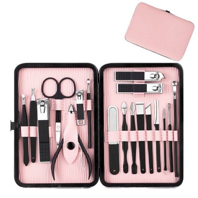 ADAARA Multifunction Nail Clipper Set Pedicure Cutter Nail File Scissors Kit with Travel Case Stainless Steel Blue Manicure Set Tools (Color : 18pcs-Pink)