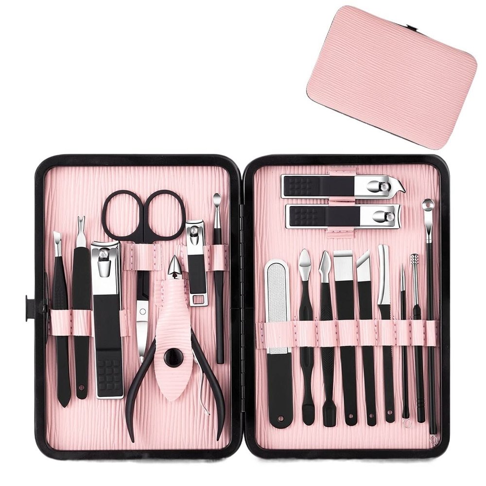 ADAARA Multifunction Nail Clipper Set Pedicure Cutter Nail File Scissors Kit with Travel Case Stainless Steel Blue Manicure Set Tools (Color : 18pcs-Pink)