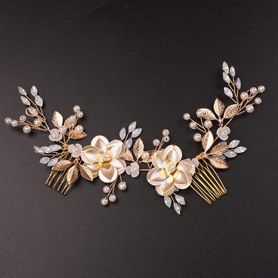Teyglen Hair Comb, Wedding Gold Rhinestones Flower Leaf Crystal Pearls Hair Comb, Bridal Headband Hair Accessories, Hair Pieces for Women Bride Girls (Gold, 24 * 6.5cm/9.44 *2.6 inches)