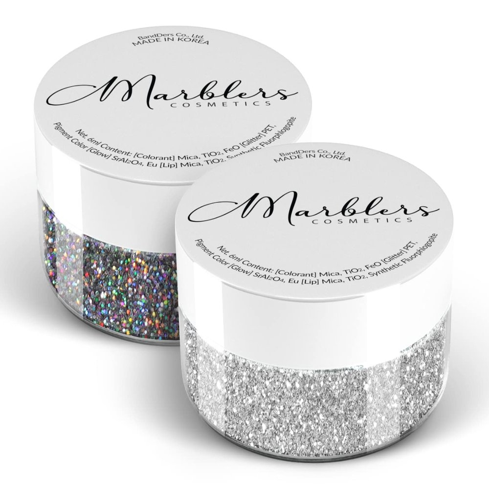 MARBLERS Twinkle Face & Body Glitter Duo [Holo Galaxy & Silver] 0.36oz (10g) | Non-Toxic | Vegan | Cruelty-Free | Eyeshadow, Nail Polish, Nail Art | Festival, Rave & Party Makeup | Nail Art | Gel Nail