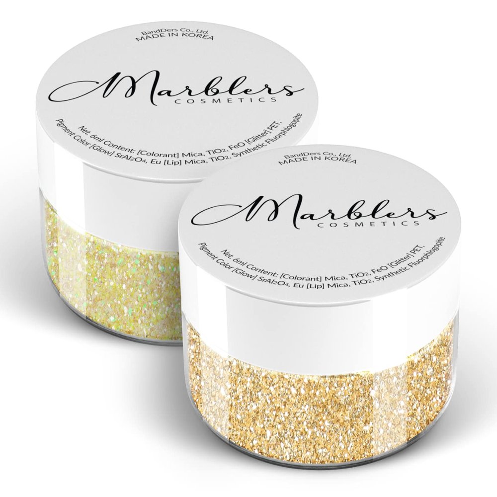 MARBLERS Twinkle Face & Body Glitter Duo [Unicorn Yellow & Silk Beige] 0.36oz (10g) | Non-Toxic | Cruelty-Free | Eyeshadow, Nail Polish, Nail Art | Festival, Rave & Party Makeup | Nail Art | Gel Nail