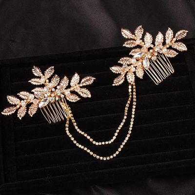 Teyglen Dainty Bridal Gold Leaf Hair Comb Headband Handmade Crystals Pearl Hair Pieces for Bride Rhinestone Headpieces Hair Accessories Pearl Side Hair Combs for Women Girls
