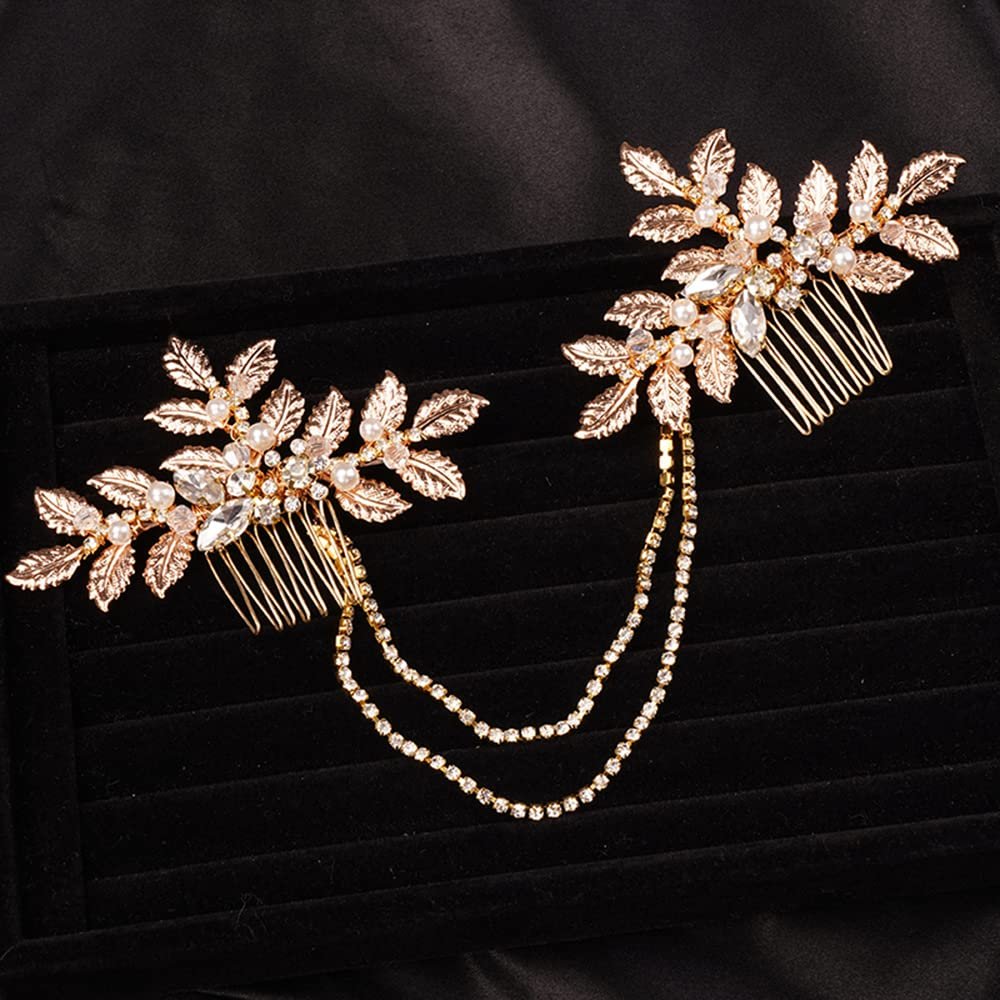 Teyglen Dainty Bridal Gold Leaf Hair Comb Headband Handmade Crystals Pearl Hair Pieces for Bride Rhinestone Headpieces Hair Accessories Pearl Side Hair Combs for Women Girls