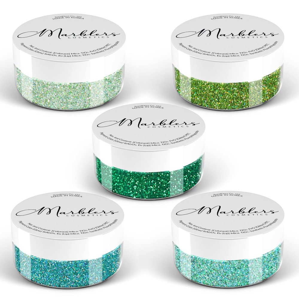 MARBLERS Cosmetic Grade Fine Glitter 5-Pack [Green Grin] 0.90oz (25g) | Non-Toxic | Vegan | Cruelty-Free | Eyeshadow, Nail Polish, Nail Art | Festival, Rave & Party Makeup | Body & Face
