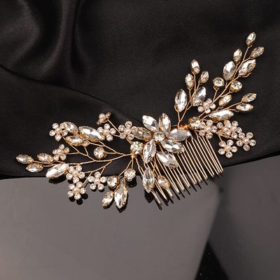 Teyglen Wedding Hair Comb, Gold, 18 * 6cm/7.08 *2.6 inches, Alloy+Rhinestones, Handmade Bridal Side Hair Combs for Women Bride Girls, Rhinestone Flower Hair Pieces Headband, Hair Accessories