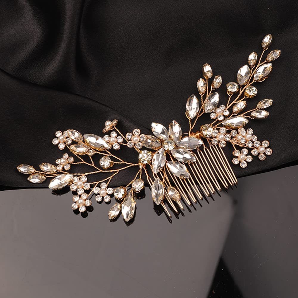Teyglen Wedding Hair Comb, Gold, 18 * 6cm/7.08 *2.6 inches, Alloy+Rhinestones, Handmade Bridal Side Hair Combs for Women Bride Girls, Rhinestone Flower Hair Pieces Headband, Hair Accessories