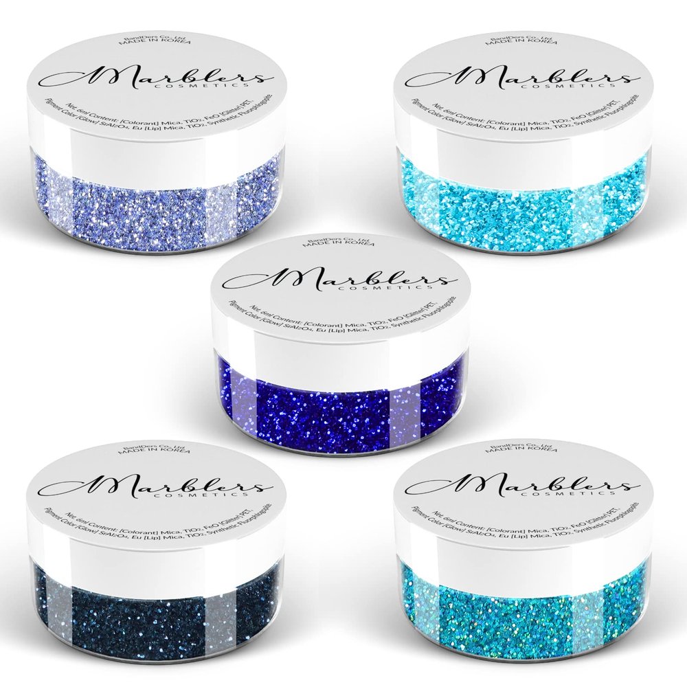 MARBLERS Cosmetic Grade Fine Glitter 5-Pack [Ocean Wave] 0.90oz (25g) | Non-Toxic | Vegan | Cruelty-Free | Eyeshadow, Nail Polish, Nail Art | Festival, Rave & Party Makeup | Body & Face