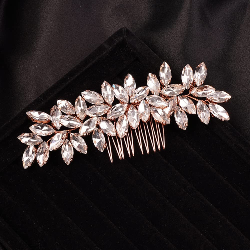 Teyglen Simple Full Rhinestones Wedding Hair Comb - Crystal Hair Pieces Luxurious Accessories for Bride - Bridal Side Hair Combs for Women and Girls (Rose Gold)