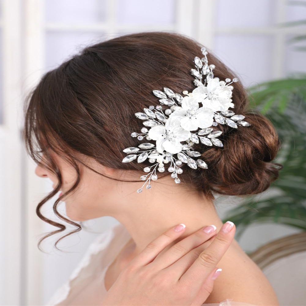 Teyglen Flower Bride Wedding Hair Clips Bridal Rhinestone Pearl Hair Clip Pin Silver Flower Wedding Headpiece Handmade Crystal Hair Piece for Women Girls