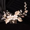 Teyglen Crystal Flower Leaf Bride Wedding Hair Comb Gold Leaves Rhinestone Headband Hair Pieces Bridal Side Hair Comb Hair Accessories for Women Girls Bridesmaid view 2