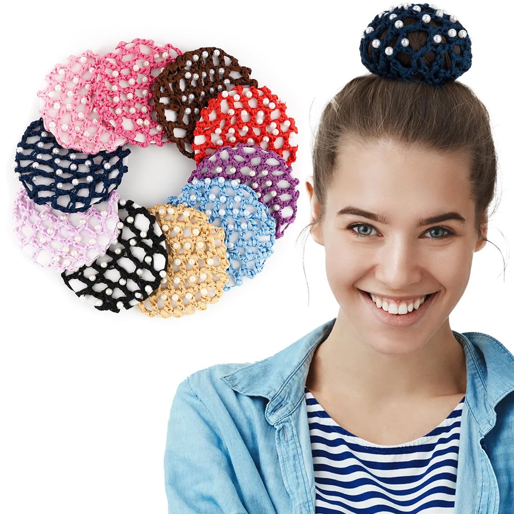 AUEAR Handmade Crochet Elastic Pearls Hair Snood for Women Girls, 10 Pack for Ballet, Dance, Skating