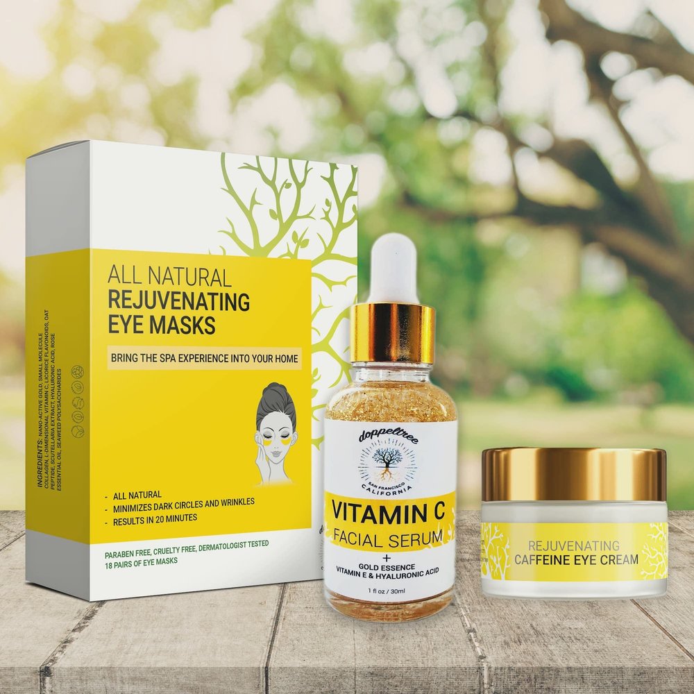 Doppeltree Radiant Eyes Revival Bundle | Caffeine Eye Cream + Vitamin C Serum + Gold Under Eye Mask