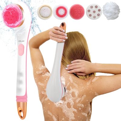 Body Brush Rechargeable, Electric Body Brush Set, Scrubber Shower Brush with Long Handle, Spin Skin Brush with 6 Brush Heads for Cleanse, Massage, exfoliate and Pamper Your Skin in The Shower (Pink)