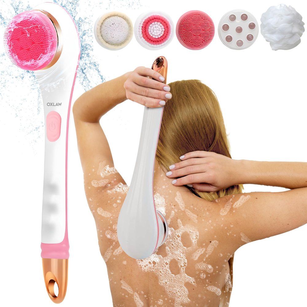 Body Brush Rechargeable, Electric Body Brush Set, Scrubber Shower Brush with Long Handle, Spin Skin Brush with 6 Brush Heads for Cleanse, Massage, exfoliate and Pamper Your Skin in The Shower (Pink)