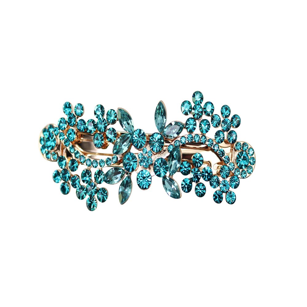 Faship Gorgeous Teal Rhinestone Crystal Floral Hair Barrette Clip
