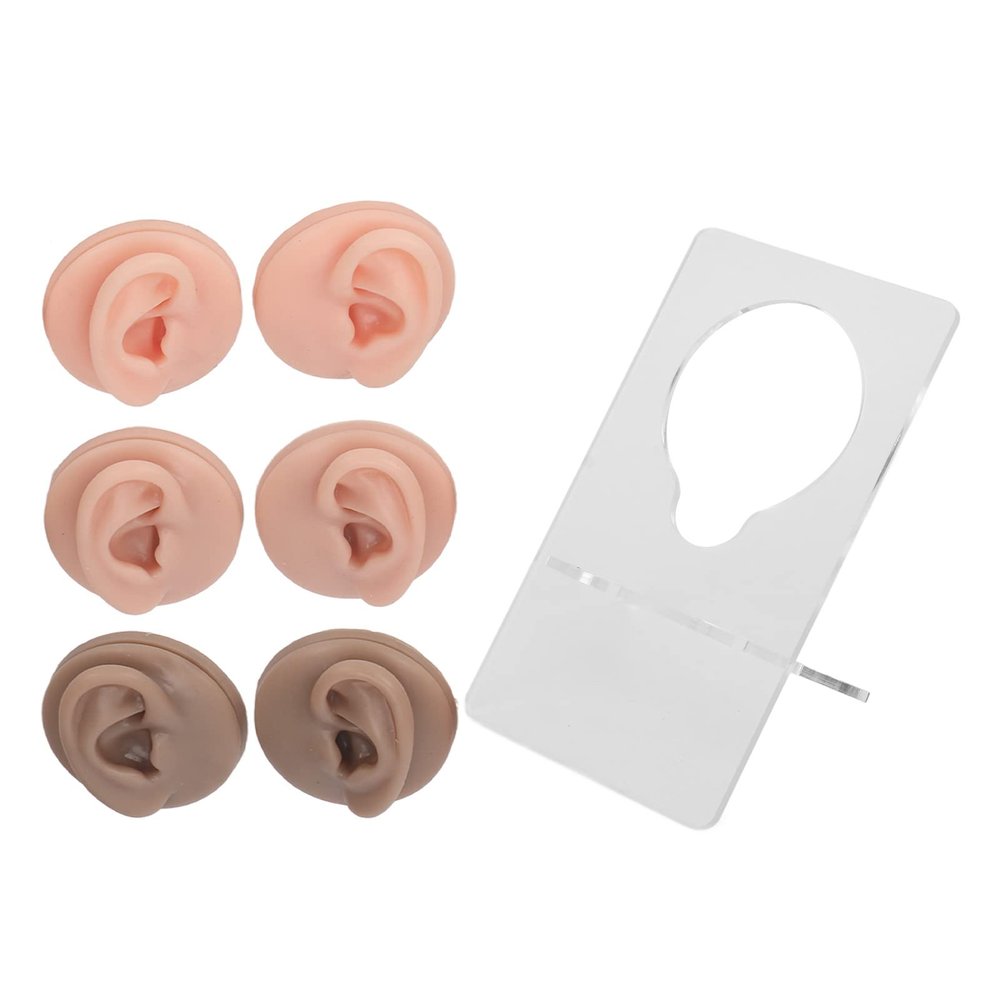 3 Pairs Silicone Ear Model, Highly Simulated 3D Fake Ear with Bracket Left and Right Soft Flexible Human Ear Model for Piercing Practice Earring Display