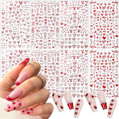 8 Sheets Heart Nail Art Stickers - Love Hearts Nail Decals for Women 3D Self Adhesive Valentines Day Nail Art Supplies Laser Red Heart Glitter Designs for Valentines Romantic DIY Manicure Decoration