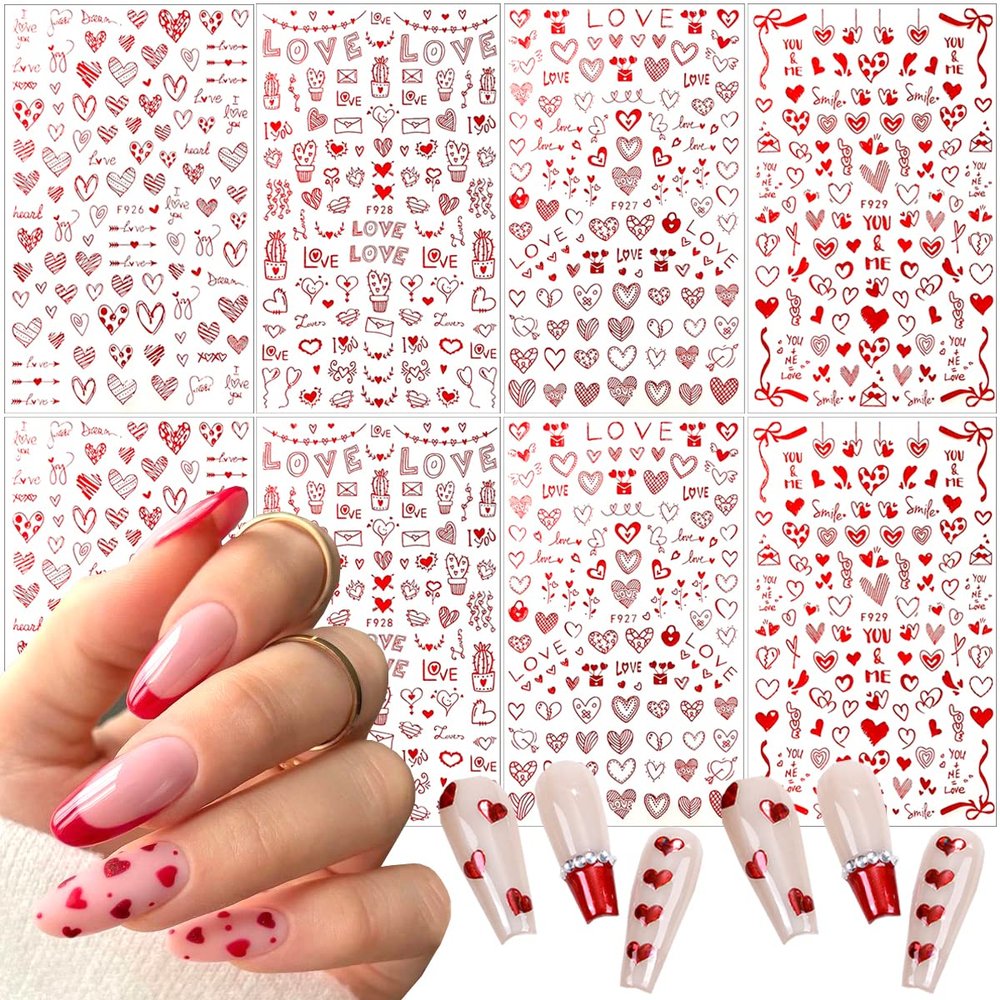 8 Sheets Heart Nail Art Stickers - Love Hearts Nail Decals for Women 3D Self Adhesive Valentines Day Nail Art Supplies Laser Red Heart Glitter Designs for Valentines Romantic DIY Manicure Decoration