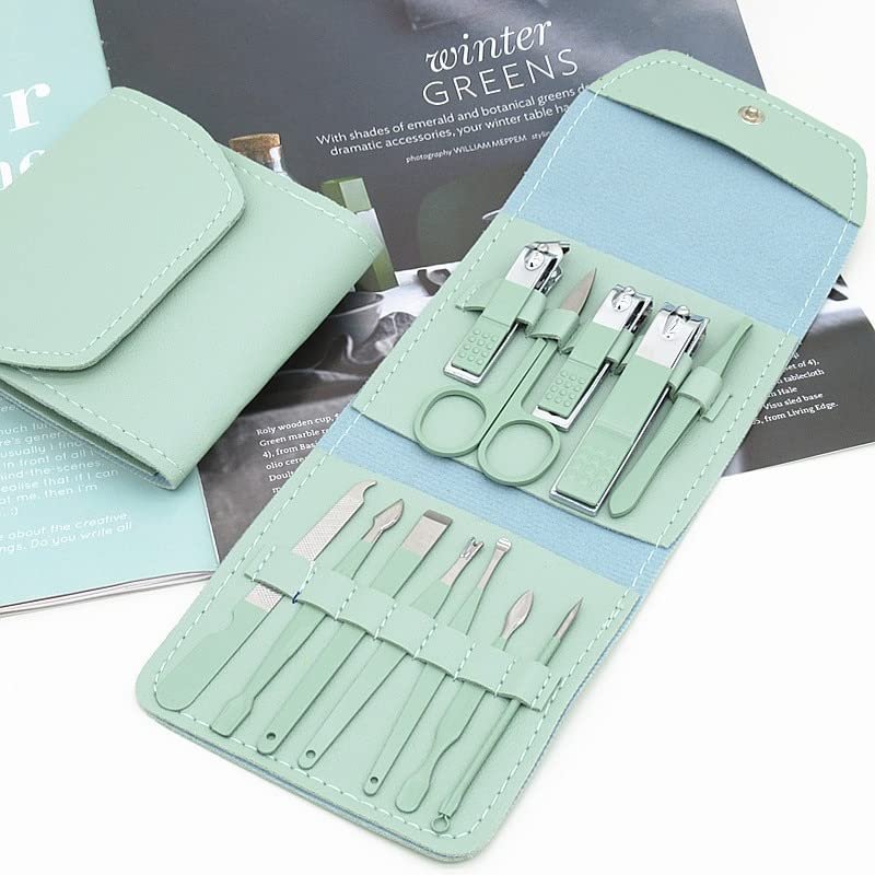 CZKE Manicure Set Nail Clippers Tools Household 12/16Pcs Green Stainless Steel Ear Spoon Nail Cutters Scissors Kit for Manicure Tools (Color : 12pcs Green)