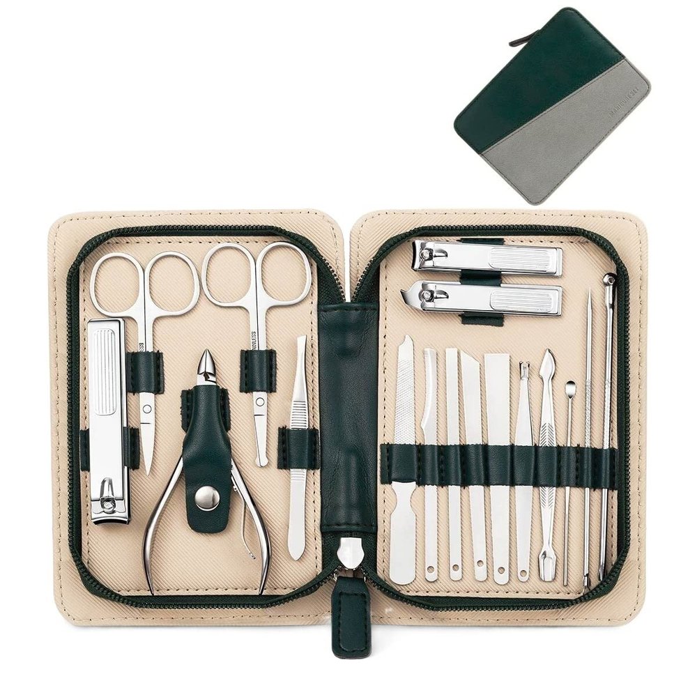 CZKE Manicure Set Stainless Steel Nail Clippers Pedicure Pliers Nose Eyebrow Scissors Nail Cutter Personal Care Tool Travel Kit (Color : 17pcs Gray Green)