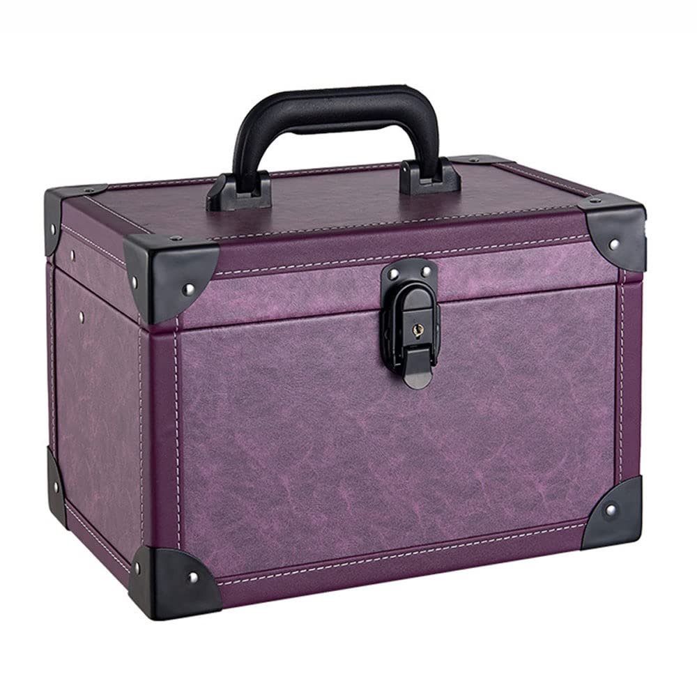 XARONF Makeup Box Large Storage Capacity Portable Travel Cosmetic Organizer with Trays, Lockable with Keys, Black (Color : Purple)